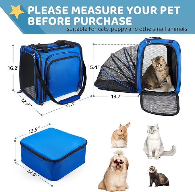 Expandable Cat Carrier with Litter Box, Extra Large Cat Carrier for Car Travel, 17.3"x16.2"x13" Portable Soft-Sided Pet Carrier, Long Road Trip Cage for Large/Medium Cats up to 30 lbs