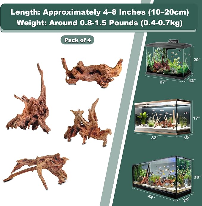 Natural Wood Driftwood for Aquarium Fish Tank Decor,Assorted Driftwood Trunk Branch for Reptile Tank Decor (LLM-Driftwood (4 to 8 Inch)-Pack of 4)