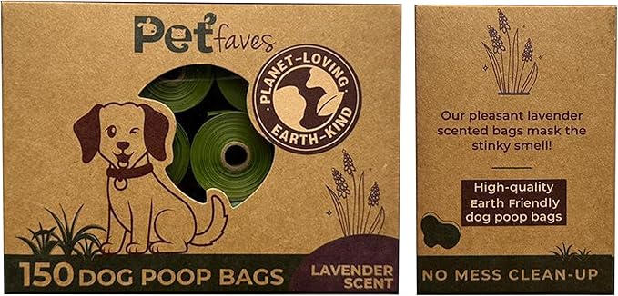 Pet Faves Eco-friendly Dog Poop Bags -100% Leak-Proof, Strong and Extra Long Doggie Poop Bags for Dogs and Cats waste bag, Lavender Scented - 150 Bags (1 pack)