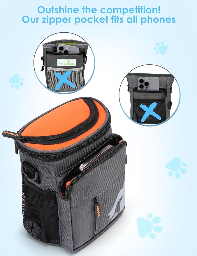 Gobeigo【8 Cup Dog Treat Pouch【3 Ways to Wear 】 Treat Bag for Training & Walking, Built-in Poop Bag Dispenser, Large Phone Friendly (Gray & Orange)