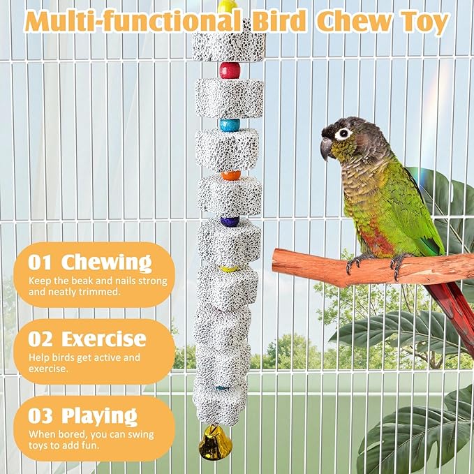 PINVNBY 3 Pack Bird Chewing Toy Lava Calcium Bird Beak Grinding Stone with Bell Hanging Parakeet Cage Accessories for Parrots Budgies Cockatiels African Grey (9 Block Per String)