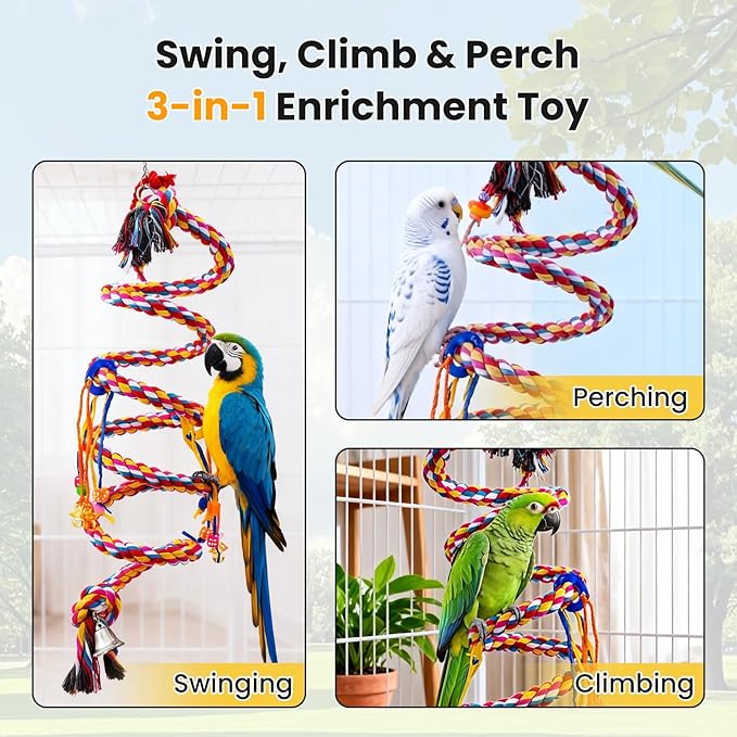 110" Extra Long Bird Rope Perch, 2.4 lb Heavy Duty Cotton Climbing Rope Toy with Bell, Flexible Bungee Swing for Large Parrots Macaw African Grey Cockatoo