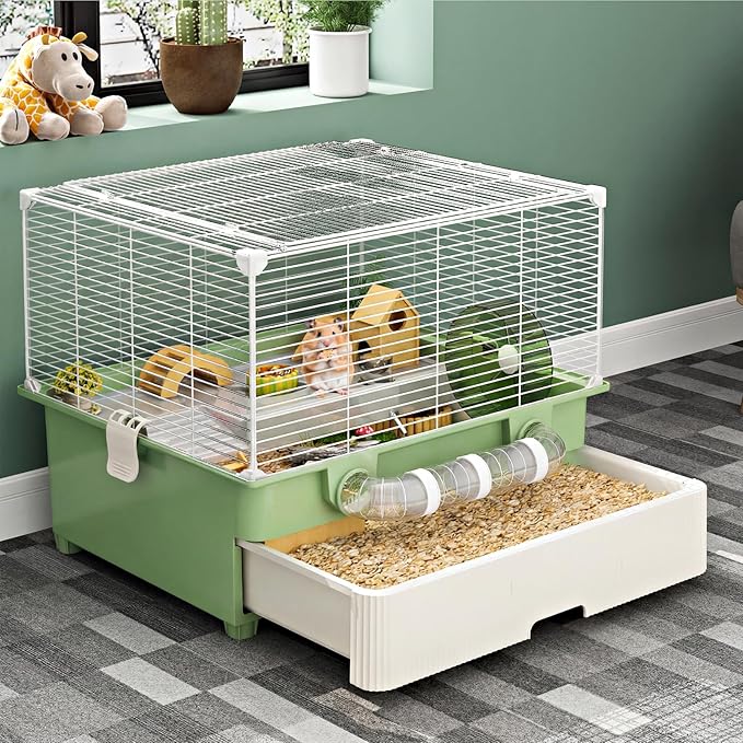 Oneluck 22.4” Chew-Proof Metal Hamster Cage, Drawer-Style with Easy Clean,Small Animal Habitats for Syrian & Dwarf Hamster,Gerbil, Mice(Green)