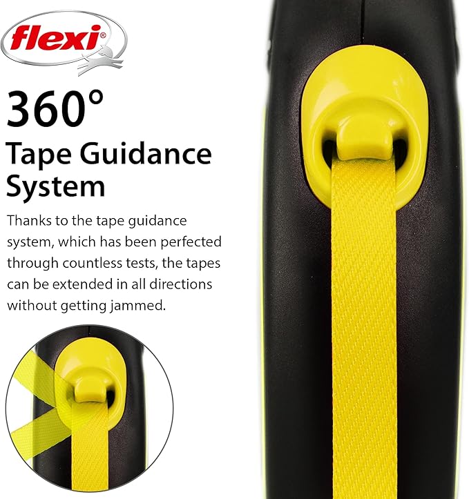 FLEXI New Neon Tape Retractable Dog Leashes for Small Dogs Upto 33 lbs. – 16 ft., Neon Yellow/Black | Tangle Free Pet Walking Leash with One-Handed Brake, Pause, Lock | German Quality Product