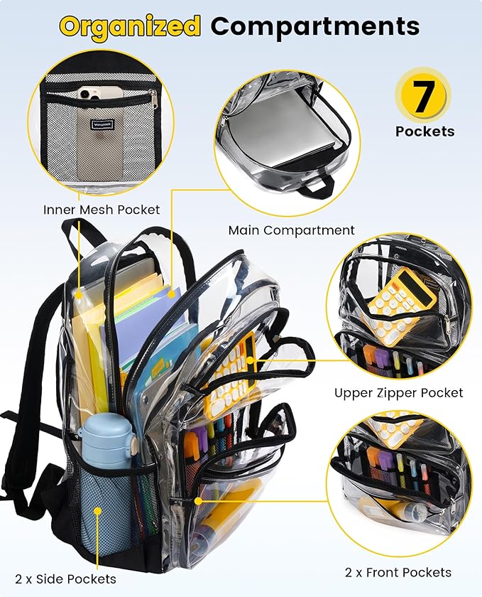 Vorspack Clear Backpack for School - Heavy Duty See Through Bookbag for Girls Boys Large Transparent Backpacks for Work, Travel - Black