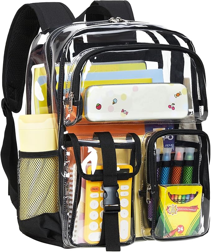 Vorspack Clear Backpack for School - Heavy Duty Transparent Bookbag for Girls Boys Large See Through backpacks for Work, College, Travel - Black