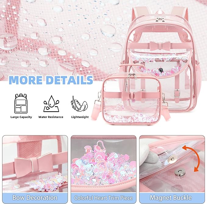 Clear Backpack for Girls and Boys 2PCS Heavy Duty Bookbag Stadium Approved Daypack Transparent School Bag See Through Backpacks for Kids Elementary,Students,College,Teens,Concert,Sports Pink