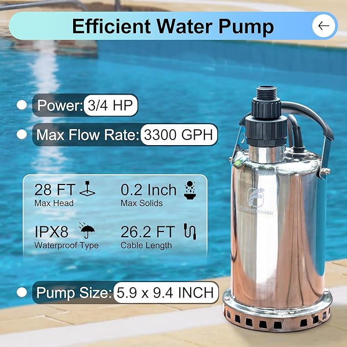 FLUENTPOWER 3/4HP Submersible Sump Pump, 3300GPH Stainless Steel Utility Water Pump, Manual Control with 26-Foot Cord for Pool Tub Garden Pond Basement Flood Cellar Draining