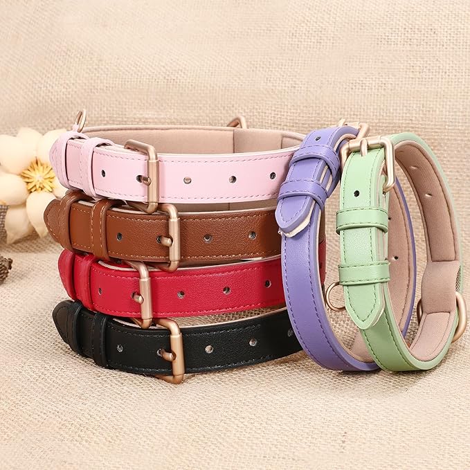 WHIPPY Leather Dog Collar for Small Dog Adjustable Soft Breathable Leather Padded Puppy Collar with Alloy Buckle Heavy Duty Waterproof Classic Dog Pet Collar,Pink,XS