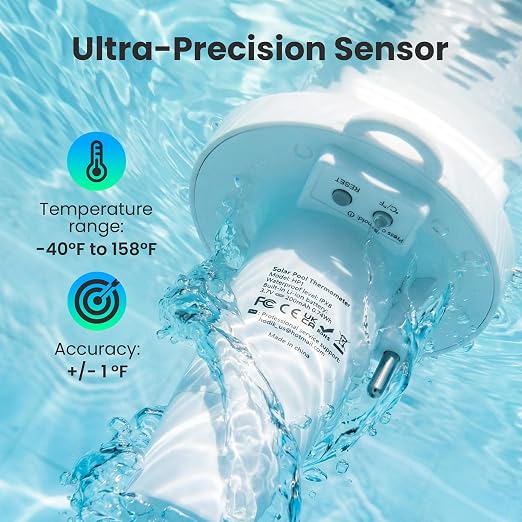 Pool Thermometer Floating, Digital Swimming Pool Thermometer, IPX8 Waterproof with Double Sided Display for Pond, Hot Tub, Aquarium (Solar Powered, White)