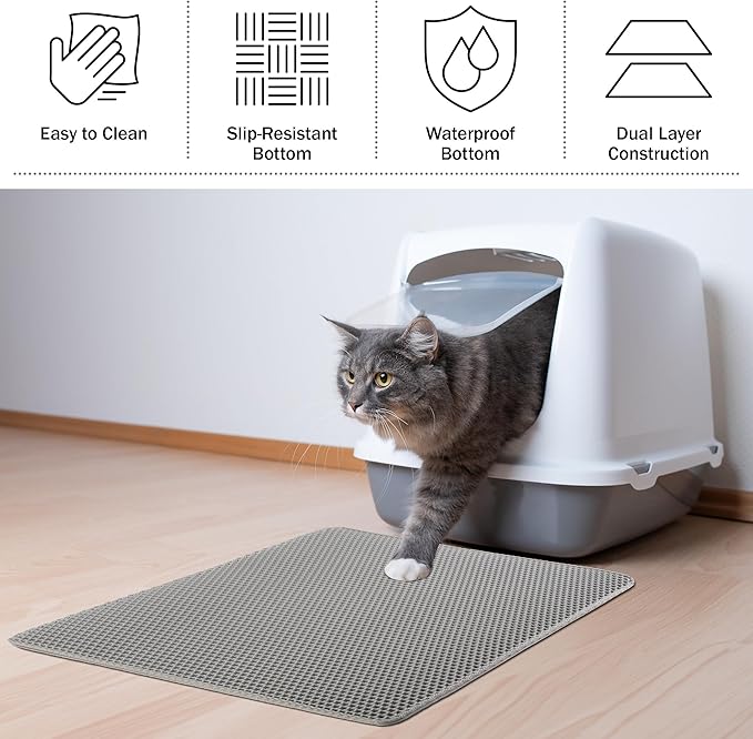Cat Litter Mat - 30x24-Inch Waterproof Litter Box Mat with Dual-Layer Honeycomb Design for Trapping Litter - Slip-Resistant Cat Mat by PETMAKER (Gray)