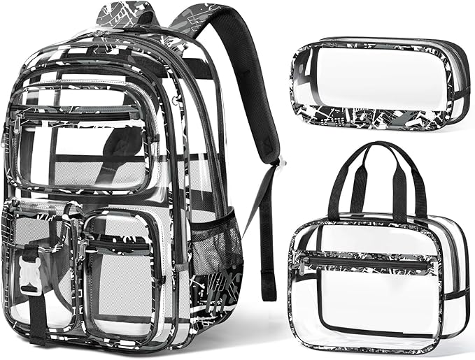 Fimibuke Clear Backpack for Boys, 3PCS Heavy Duty PVC Transparent Boys Backpack with Lunch Box & Pencil Case, School Stadium Event Approved Toddler School Bookbag for Preschool Kindergarten Elementary