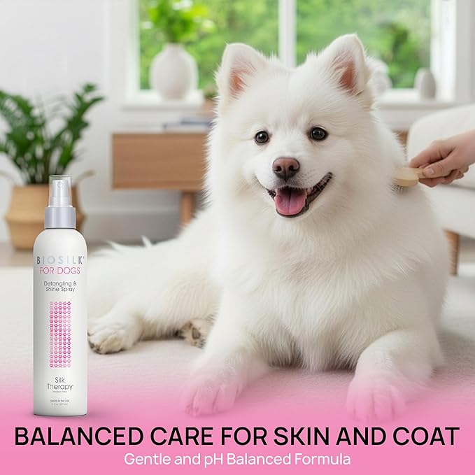 BioSilk for Dogs Silk Therapy Detangling and Shine Protecting Spray, pH Balanced Leave-In Mist with Silk and Vitamins for Dematting, Paraben-Free, All Coats and Breeds, 8 Fl Oz