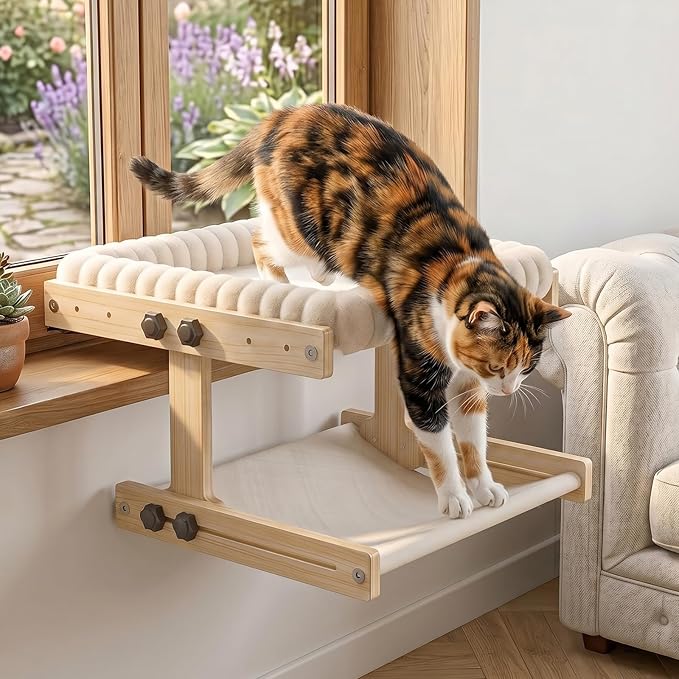 Cat Perch for Window XiaZ Cats Hammock Indoor Cat Bed for Window Adjustable Wooden Frame W/Soft Warm Plush-Lined Cushion Perfect for Bird Watching Sunbathing Space-Saving Easy Install Double Layer