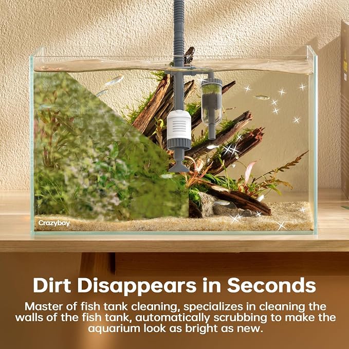 30W Electric Aquarium Gravel Cleaner, 6-in-1 Automatic Fish Tank Vacuum with Adjustable Suction Power, Removable Motor for Easy Maintenance, Efficient Water Changer & Substrate Scraper Kit (White)