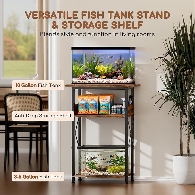5-10 Gallon Fish Tank Stand with Storage Shelves, 3-Tier Aquarium Stand with Rust-Proof Metal Frame, Heavy Duty Waterproof Reptile Turtle Tank Stand for Home Office Up to 150LBS, 21.5" L x 11.5" W x 30" H, Rustic Brown