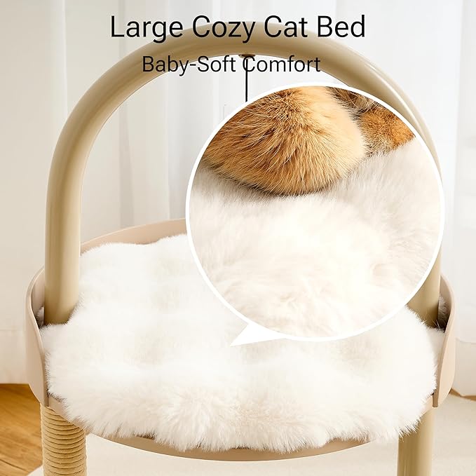 Modern Cat Tree, Wood Cat Tower with Steel Frame, Scratching Posts, Cat Capsule, Plush Mat, Bell Dangling Toy, Aesthetic Minimalist Heavy-Duty Cat Climbing Tree for Large Indoor Adult Cats-Khaki