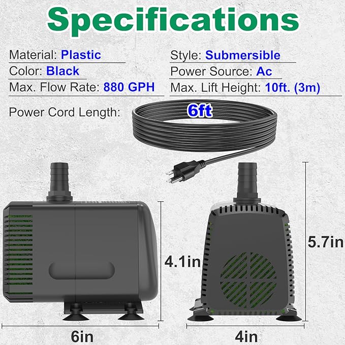 Knifel Submersible Pump 880GPH (3500L/H 60W) Ultra Quiet with Over Heating Protection 10.2ft High Lift for Fountains, Hydroponics, Ponds, Aquariums & More…