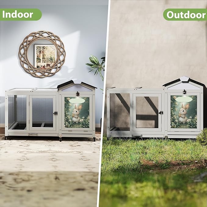 COZIWOW 39IN Heated Rabbit Hutch with Wheels, Insulated Indoor/Outdoor Bunny Cage House with Cleaning Tray, Sun Panel & Animal Pattern, Spacious Rabbit Cage for 1-2 Bunnies, (Grey & Air Purifier)