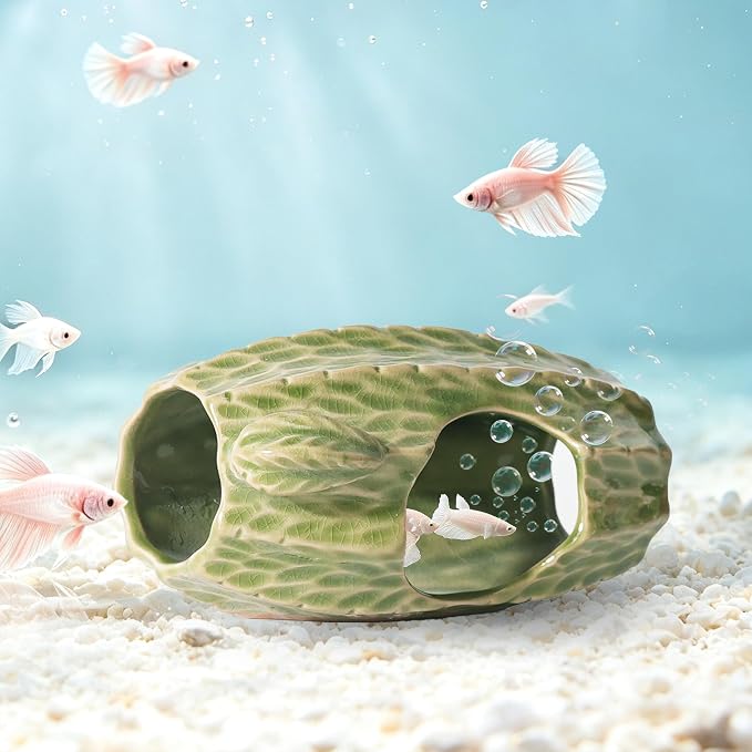 Ceramic Aquarium Decor Green Tall Cactus Betta Fish Tank Cave | Smooth-Surface Safe for Fish Hiding & Breeding, Easy-Clean, No Assembly, for Play & Rest,Fits 3.5-5 Gallon Fish Tanks
