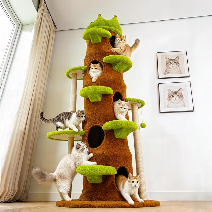 Modern Cat Tree Tower: 73.6” Tall Cat Tree for Indoor Cats Large Adult with Sisal Scratching Post - Extra Large Heavy Duty Wooden Green Cat Tree with Plush Condo