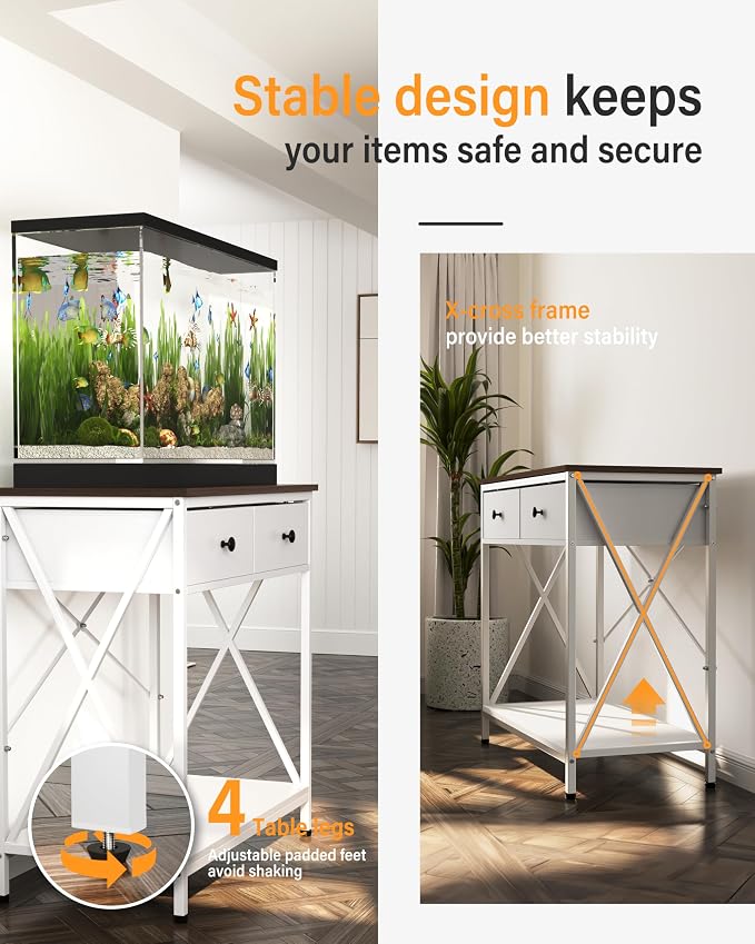 Fish Tank Stand with Drawer,20-29 Gallon Aquarium Stand Easy Assemble | Stable Metal Frame, 2-Tier Breeder Reptile Terrarium Stand Fits Office Home,30.7"x16.5" MDF Tabletop, 330lbs Capacity, White