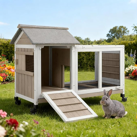 38''L Rabbit Hutch Outdoor with Wheels, Wooden Expandable 2 Story Bunny House Rabbit Cage Indoor with Run, Pull Out Tray, Waterproof Roof, Guinea Pig Cage Chicken Coop for Small to Medium Pets
