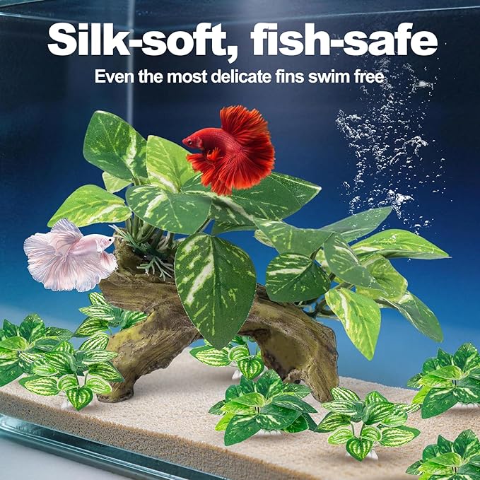 CousDUoBe 9 Pcs Fish Tank Decor，Silk Aquarium Plants Green Silk Leaf pad Hammock Artifical Driftwood cave Betta Fish Tank Accessories 6 x 3 x 4 inches(LxWxH)