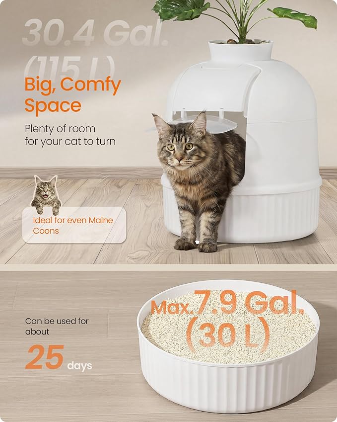 Feandrea Plant Cat Litter Box Enclosure with Artificial Plant, Enclosed Hidden Litter Box Furniture with Door, Carbon Filter, Odor Control, Pebbles, Scoop, Brush, Cloud White UPPT006W101