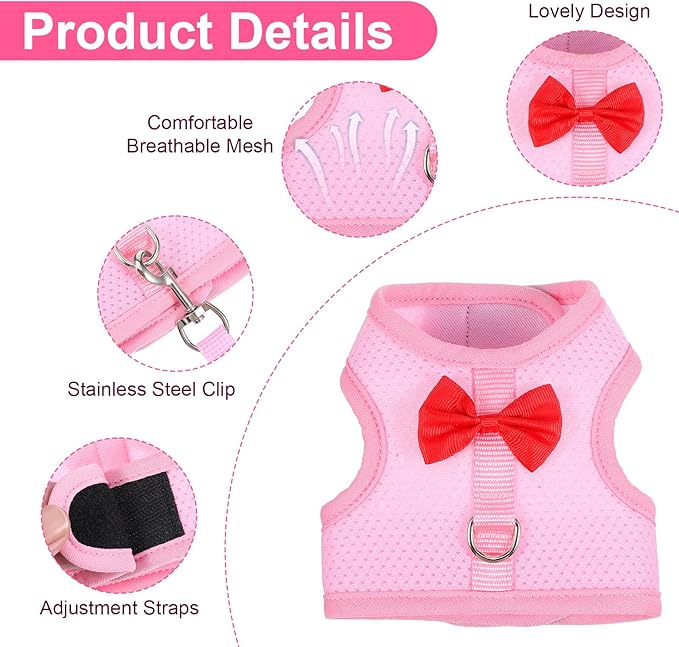 Breathable Rabbit Harness and Leash Set, Rabbit Harness and Bunny Leash Set, Soft Breathable Mesh VestHarness for Rabbits, Kitten, Ferret, Small Pig, Puppy, Small Pets (Pink,M)