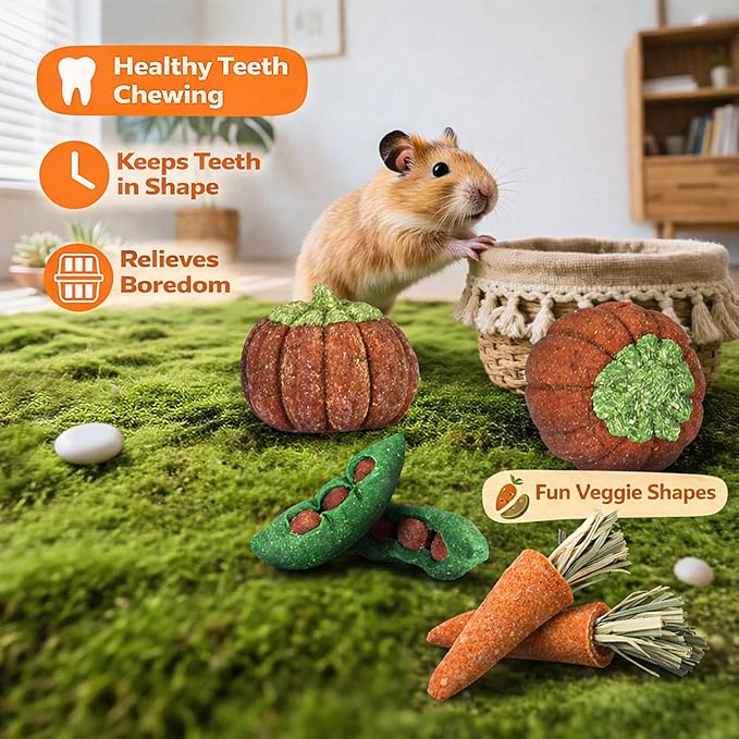 HERCOCCI 8Pcs Guinea Pig Chew Toys, Hamster Toys Prevent Excessive Teeth Growth Natural Vegetables Carrot and Timothy Grass for Guinea Pig Rabbit Chinchillas Gerbil