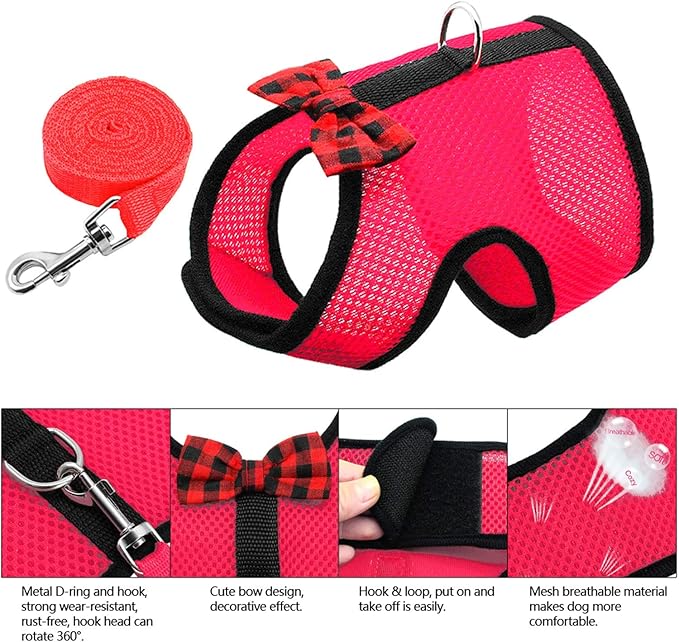 Rypet Small Animal Harness and Leash - Soft Mesh Pet Harness with Safe Bell, No Pull Comfort Padded Vest for Small Pet Red M