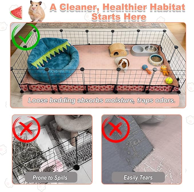 Waterproof Guinea Pig Cage Liners, Washable & Reusable Small Animal Cage Mat, for Rabbit, Hamster, Chinchilla, Hedgehog (Watermelon),C&C 48x72 inches