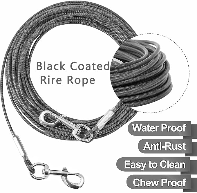 Tie Out Cable for Dogs,10/20/30/50/100FT Dog Leads for Yard Chew Proof,Heavy Duty Tie Out Cable for Large Dogs Up to 125lbs,Dog Runner Tether (Transparent Black, 125Ibs 50ft)