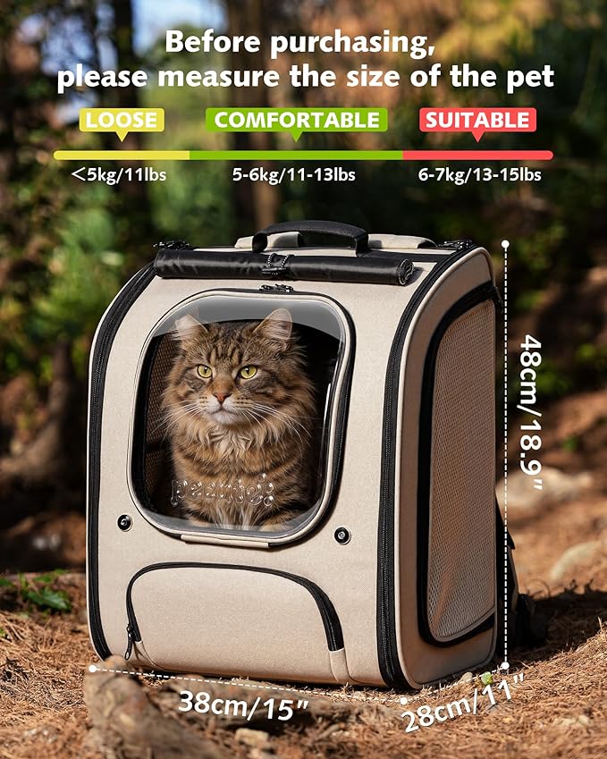 Pecute Cat Backpack Carrier XL, Large Space Cat Bubble Backpack, Breathable Cat Carrier, Shaded Dog Backpack Carrier, Ergonomic 3D Design for Travel, Hiking, Suitable for Shopping, and Vet, Khaki
