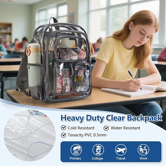 Grey Clear Backpack Heavy Duty, Large Clear Bookbag for Boys Girls Adult, See Through Book Bag Transparent Backpacks with Multiple Pockets for School College Work Casual