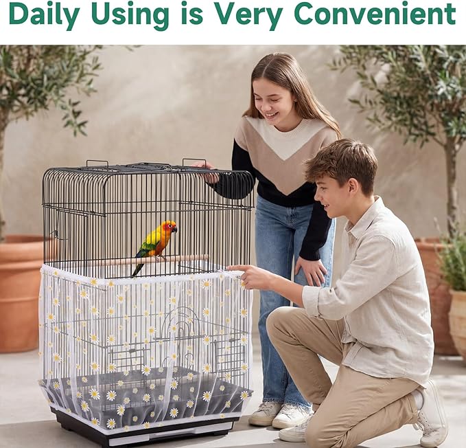 Trinkrittey Bird Cage Seed Catcher, Universal Bird Cage Seed Catcher Guard Adjustable Parrot Nylon Mesh Net Cover for Round Square Cages Parrot Parakeet African Macaw(Daisy-White, 15.7" x87")