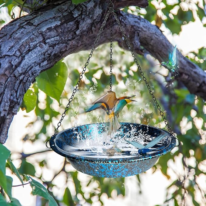 Hanging Bird Bath for Outdoors 11.4 inch Birdbath Bowl Window Birds Feeder with Rust-Proof Black Chains Hooks Metal Hanging BirdBaths Hanging Bird-Feeder for Garden Backyard Decor Blueblack