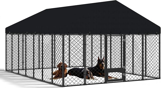 10x14FT Heavy Duty Outdoor Dog Kennel with Roof, Large Metal Dog Enclosure for Big Dogs, Weatherproof Fence Playpen with Double Lock Gate & Feeding Door
