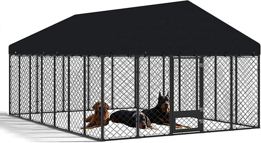 10x14FT Heavy Duty Outdoor Dog Kennel with Roof, Large Metal Dog Enclosure for Big Dogs, Weatherproof Fence Playpen with Double Lock Gate & Feeding Door