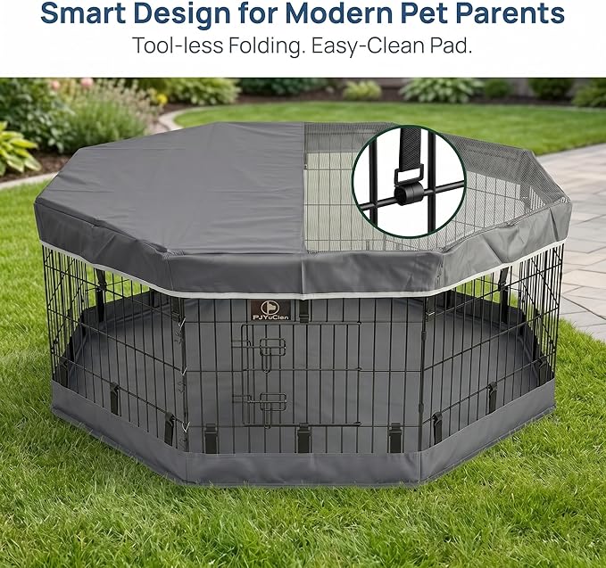 PJYuCien Dog Playpen with Top Cover and Bottom Pad - Metal Foldable Exercise Pen, 8 Panels 24" H x 24" W Indoor Outdoor Pet Fence Puppy Crate Kennel, Gray