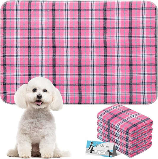 Washable Pee Pads for Dogs - 24”x36” 4PCS, Whelping Pad for Puppy Training, Playpen Crate Bed Floor Protector, Reusable Dog Potty Pads Non-Slip, Super Absorbent & Odor Controlling, Pink Plaid