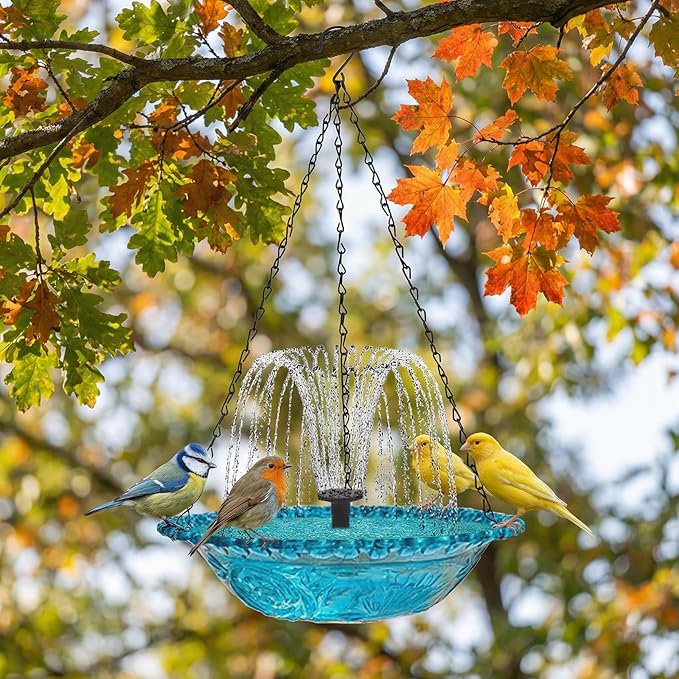 Solar Bird Bath Hanging with Fountain for Outdoors 15.7 Inch Metal Chains, Weather-Resistant Hanging Wildbird Feeder & Bath Tray for Garden, Patio