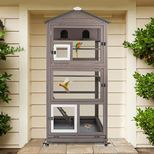 Gowoodhut 68.8"L Outdoor Bird Aviary Indoor Wooden Large Bird Cage Parakeet Cage on Wheels,Removable Wire Netting Slide Pull Out Tray, 2 Perches, Nest House,Ideal for Small Birds,Finches,Parrots,Grey