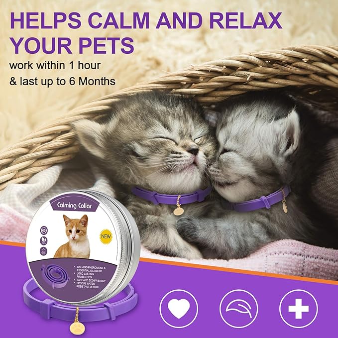 Weewooday 4 Pcs Cat Calming Collar Adjustable Pheromones Scent Relaxing Cat Collar with 2 Pendant for Puppies Reduce Stress Aggression Anxious, up to 15 Inches(Purple, Gold)