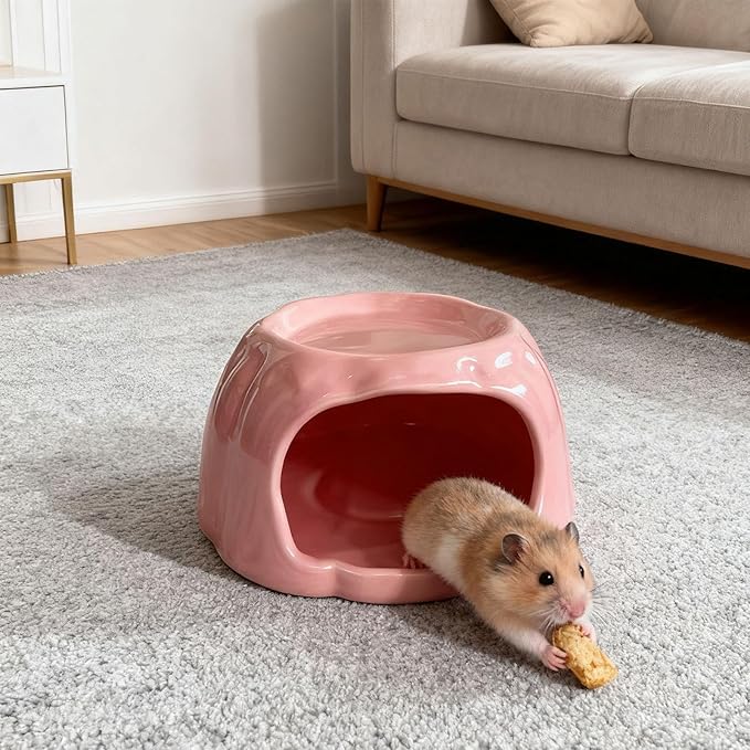 Hamster House Ceramic Hideout Small Animal Food Bowl Pudding Shaped Decorative Habitat Suitable for Hamster Cage Pet Gift Home Decoration, Pink