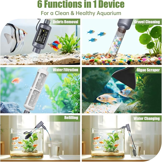 Cordless Aquarium Gravel Cleaner Vacuum: 6-in-1 Electric Fish Tank Cleaner, 36W Rechargeable & 650GPH Strong Suction Automatic Water Changer, Touch Control, Fits 5–150 Gallon Tanks