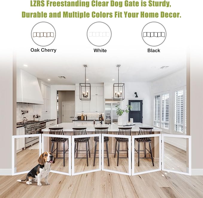 LZRS Extra-Wide Clear Dog Gate for Indoor Use - Transparent Pet Fence with Solid Hardwood and Plastic Board, Stylish & Durable freestanding Pet Gate for Doorways, Stairs and Hallways-6 Panel White
