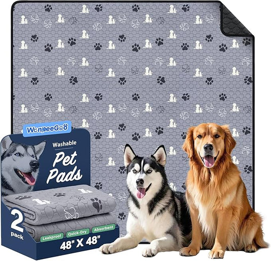 WanpeeGoo Washable Pee Pads, Puppy Pee Pad for Dogs, 2 Pack Absorbent Reusable Training Dog Pads Pet Puppy Pads, Non-Slip Potty Pads for Whelping, Playpen, Crate, Bed, Grey 48"x48"