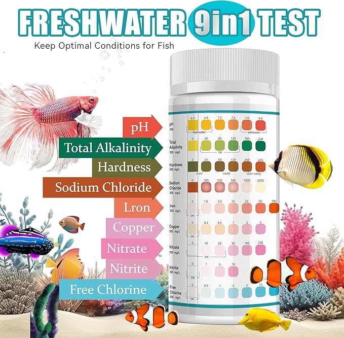 Aquarium Test Strips, 9 in 1 Fish Tank Test Kit for Freshwater Ponds, 150 ct Quick & Accurate Water Testing Iron Copper Sodium Chlorine Nitrate Nitrite Total Alkalinity Hardness Free Chlorine pH